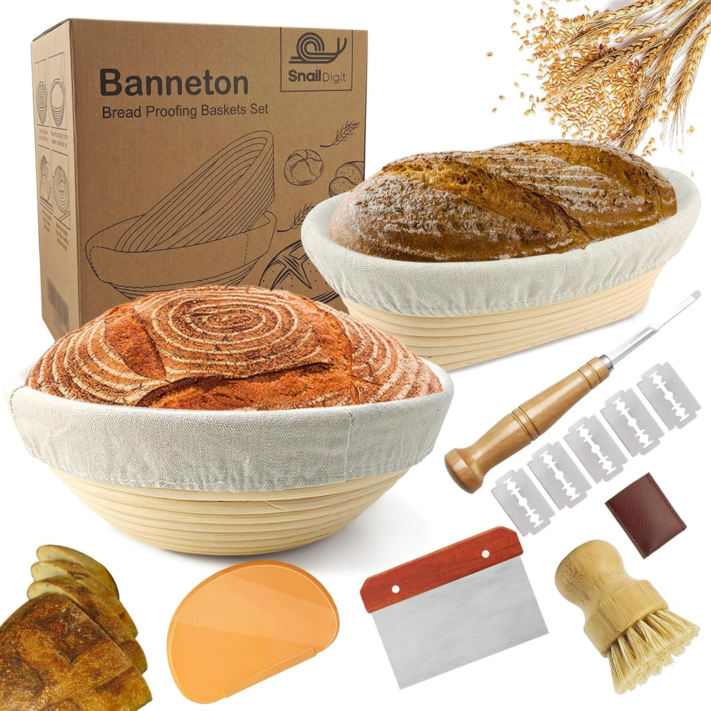 9 Inch Round & 10 Inch Oval Banneton Bread Proofing Basket with Liner, Bread Lame, Dough Scraper, Cleaning Brush H731