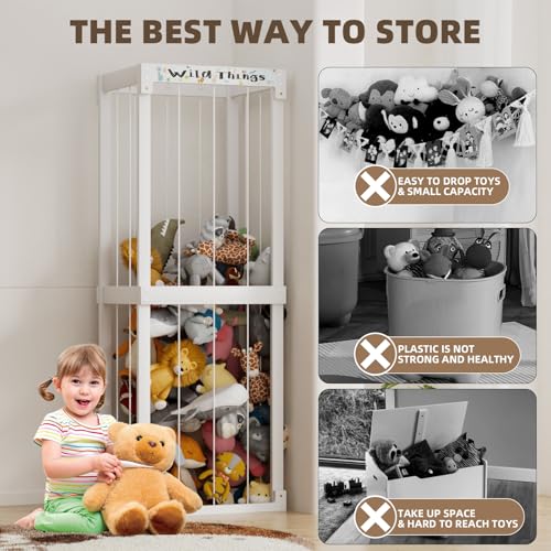 White Wooden Stuffed Animal Storage Cage with Elastic Rope P95121