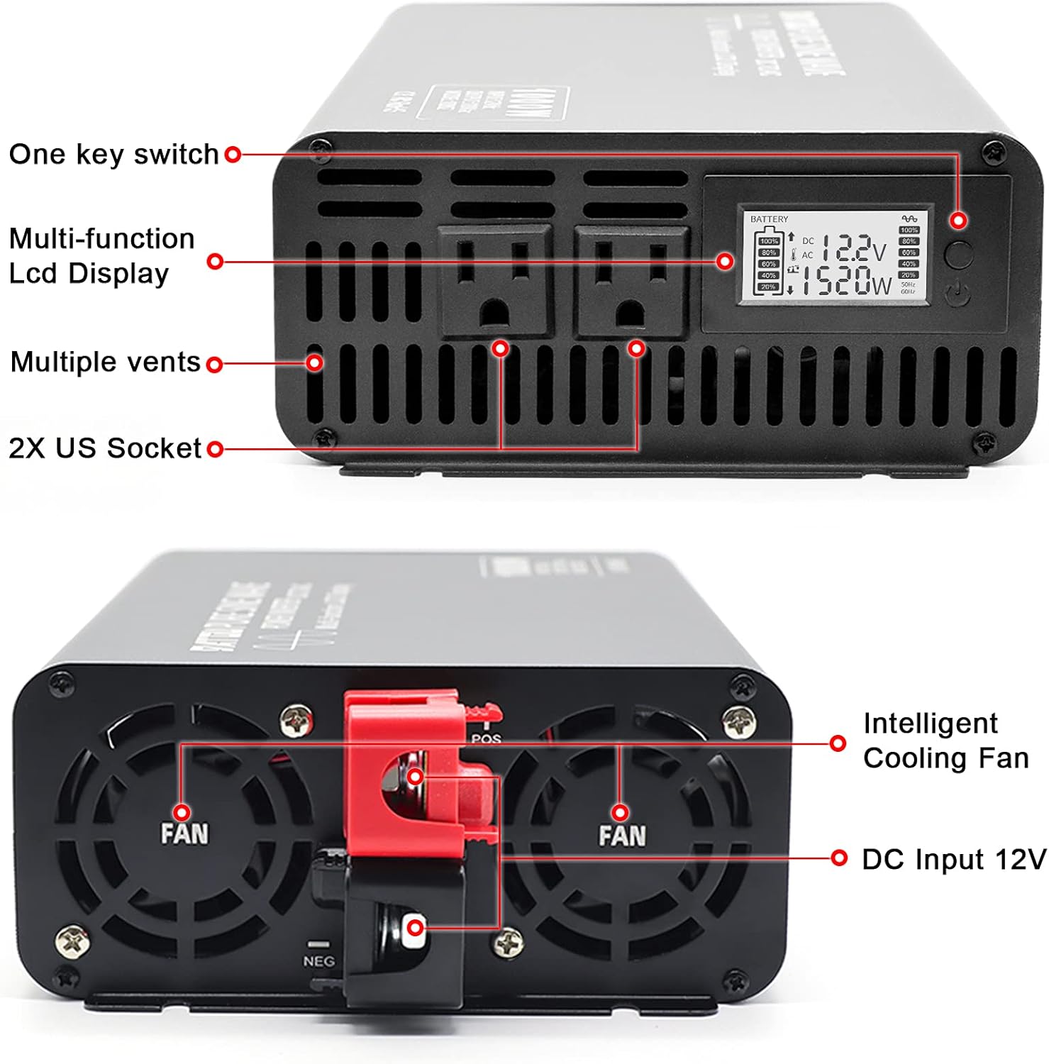 1500W Peak 3000W DC 12V to AC 110V 120V Power Inverter with 2 AC Outlets LCD Display M3858