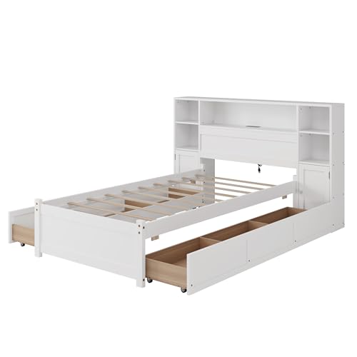 Twin Size Wood Storage Platform Bed with 6 Drawers and Bookcase Headboard U355943