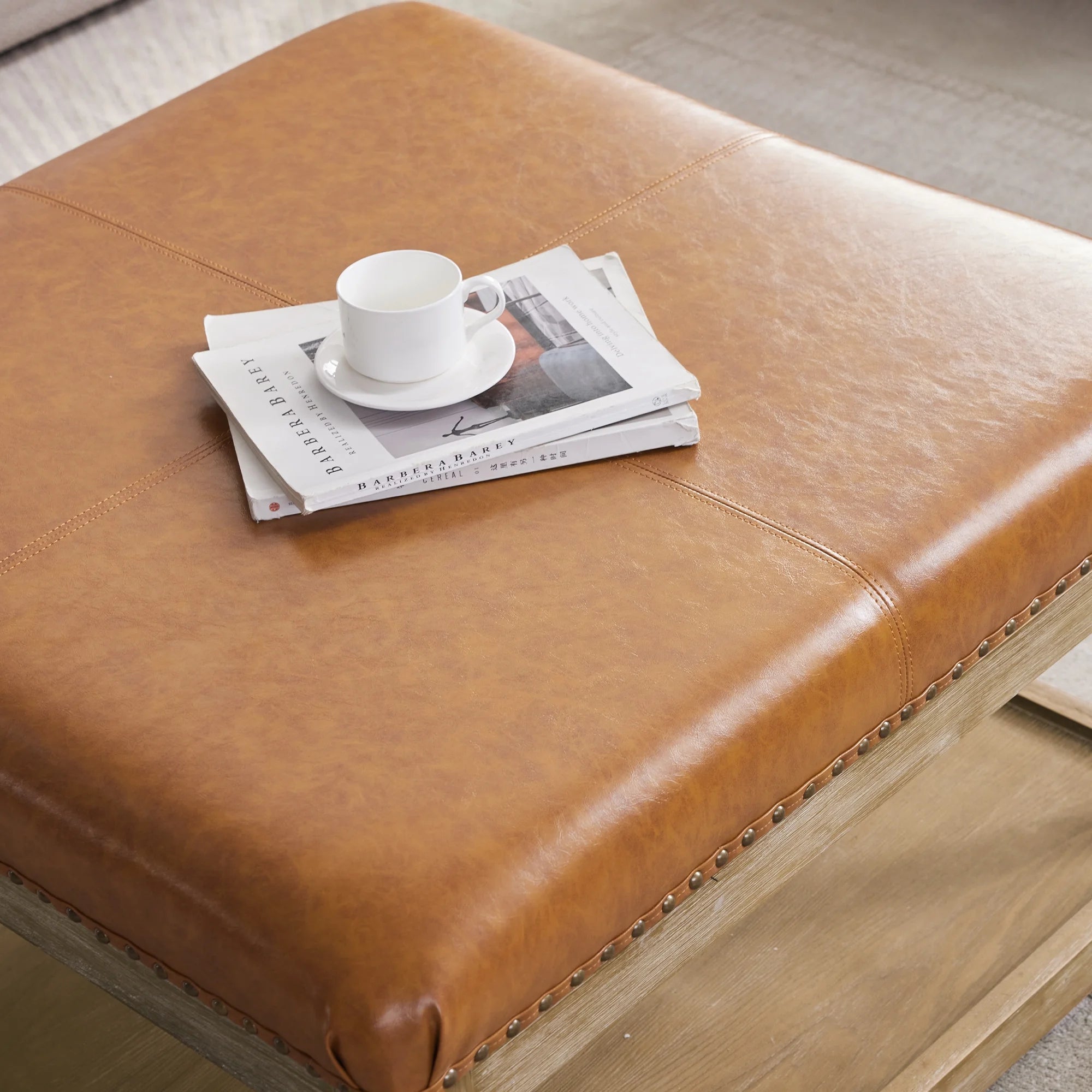 Large Square Ottoman Coffee Table with Storage Shelf (Brown) L199