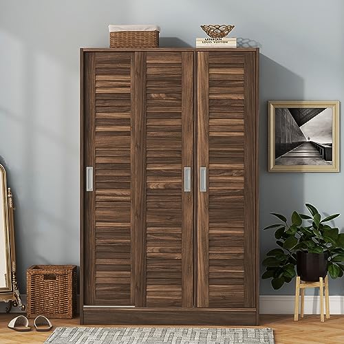 3 Door Freestanding Wardrobe Closet with Sliding Doors and Hanging Rod N5585
