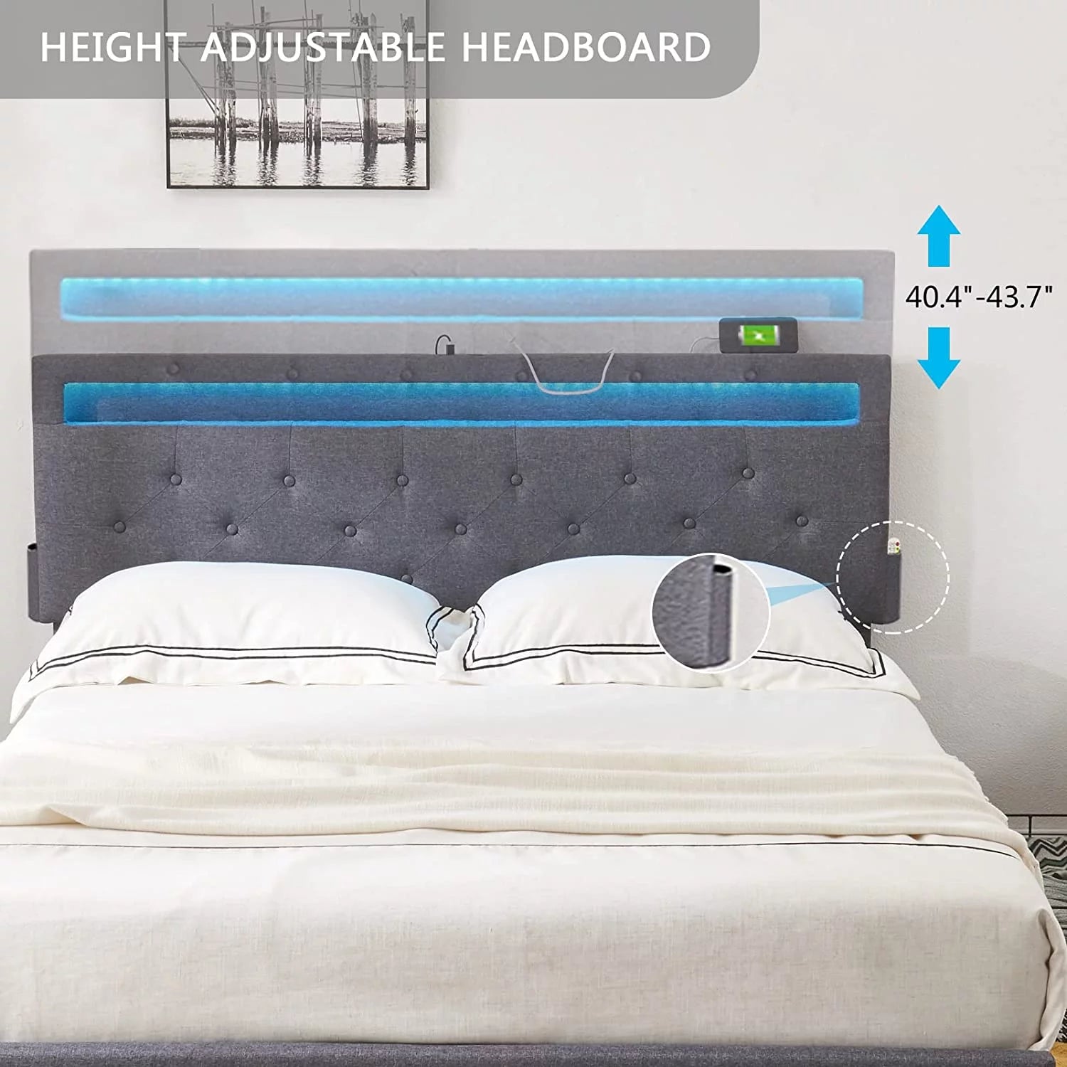 Full Size Bed Frame with 4 Drawers, LED, USB Ports, Adjustable Upholstered Headboard, Dark Grey L89088