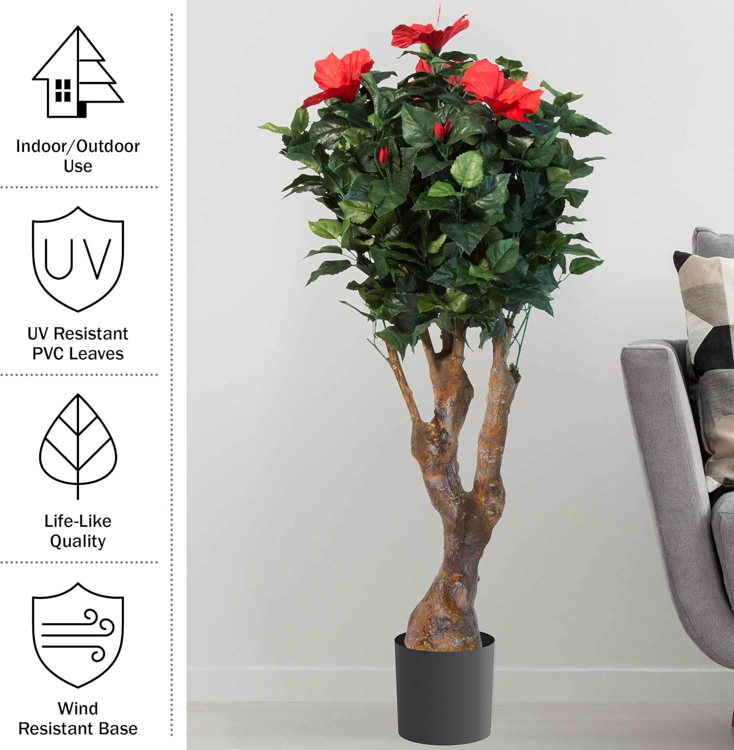48-Inch UV-Resistant Artificial Hibiscus Plant with Pink Flowers S480
