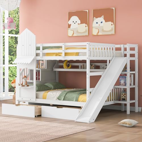 Gray Wood Twin Over Twin Bunk Bed with Stairs and Slide H2339