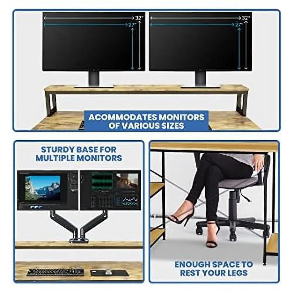 55 Inch Walnut And Black Wood Computer Desk With Monitor Shelf O347