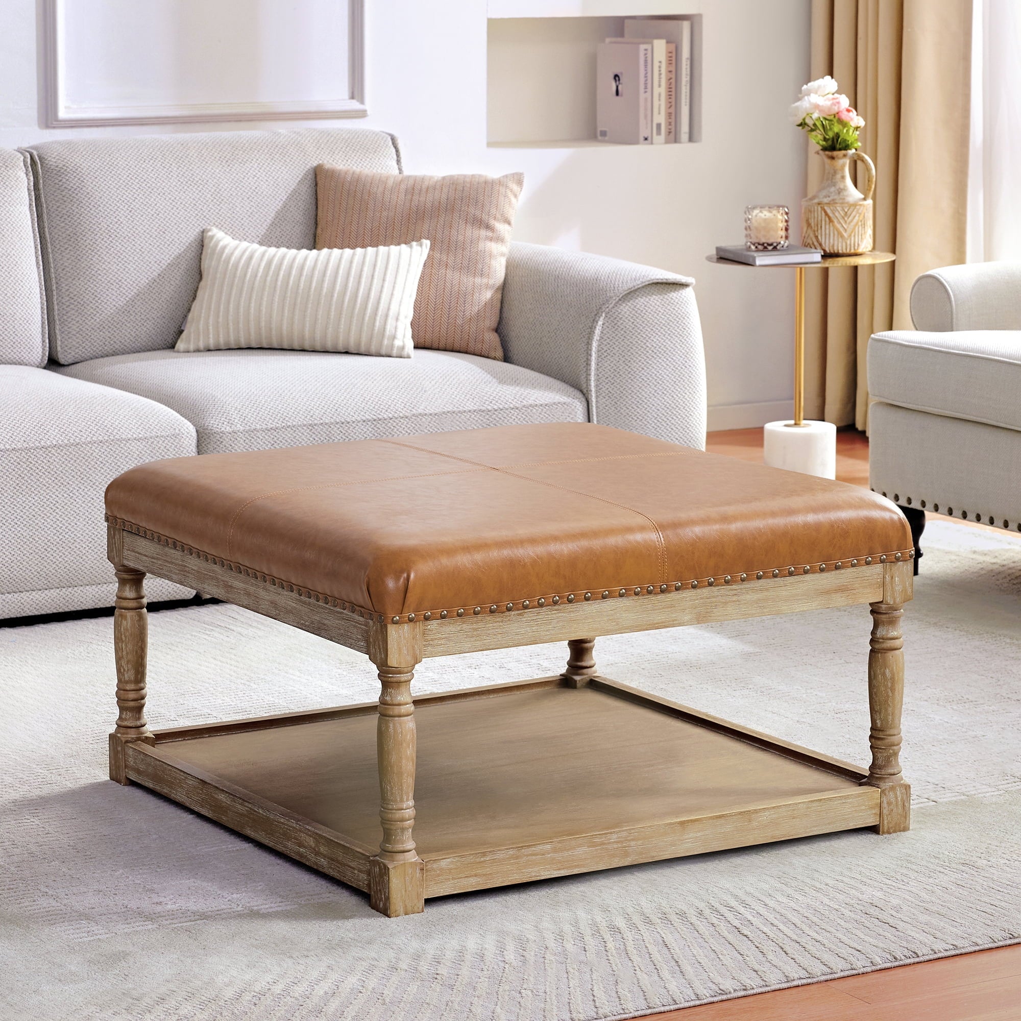 Large Square Ottoman Coffee Table with Storage Shelf (Brown) L199