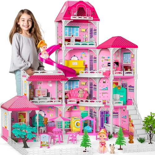 4 Stories 10 Rooms Dollshouse with 2 Princesses Slide Accessories P741329