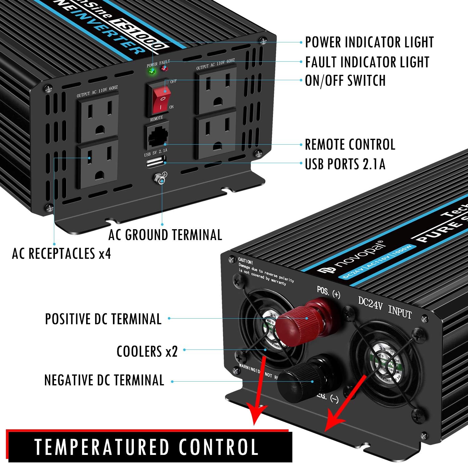 1000 Watt 24V DC to 110V AC Pure Sine Wave Power Inverter with 4 AC Outlets and USB Port Q552