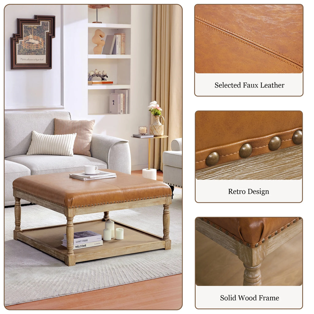 Large Square Ottoman Coffee Table with Storage Shelf (Brown) L199