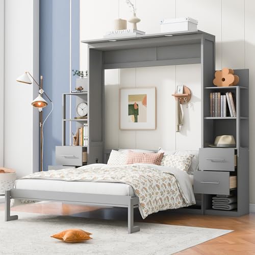 Queen Murphy Bed with Storage Drawers and Shelves (Grey) J877