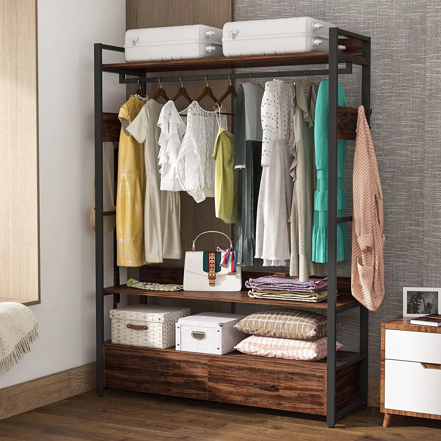 Rustic Brown Heavy Duty Clothes Rack with Shelves Hanging Rod and 2 Drawers F72811