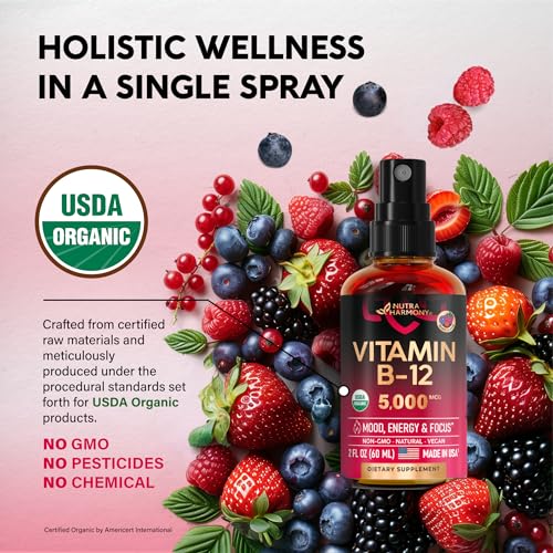 USDA Organic Vitamin B12 Spray 5000 mcg Liquid Vegan Methylcobalamin 2 fl oz F5340