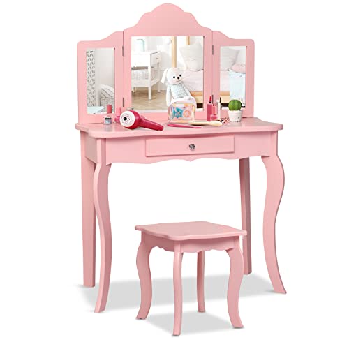 White Wooden Kids Vanity Set with Mirror and Stool Z713315
