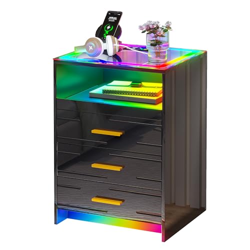 RGB LED Nightstand with 3 Drawers and Sliding Tray W352