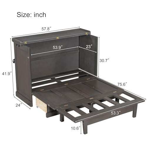 Gray Queen Size Solid Pine Murphy Bed with Charging Station Q946