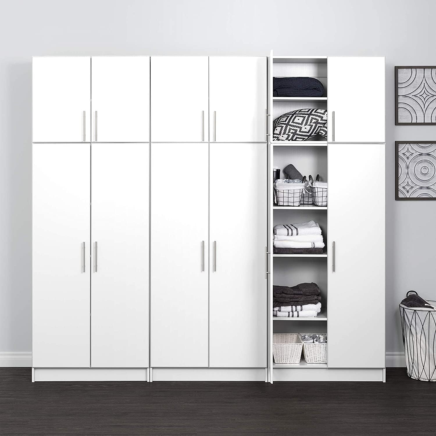 32" W White Storage Cabinet with Brushed Metal Handles W681