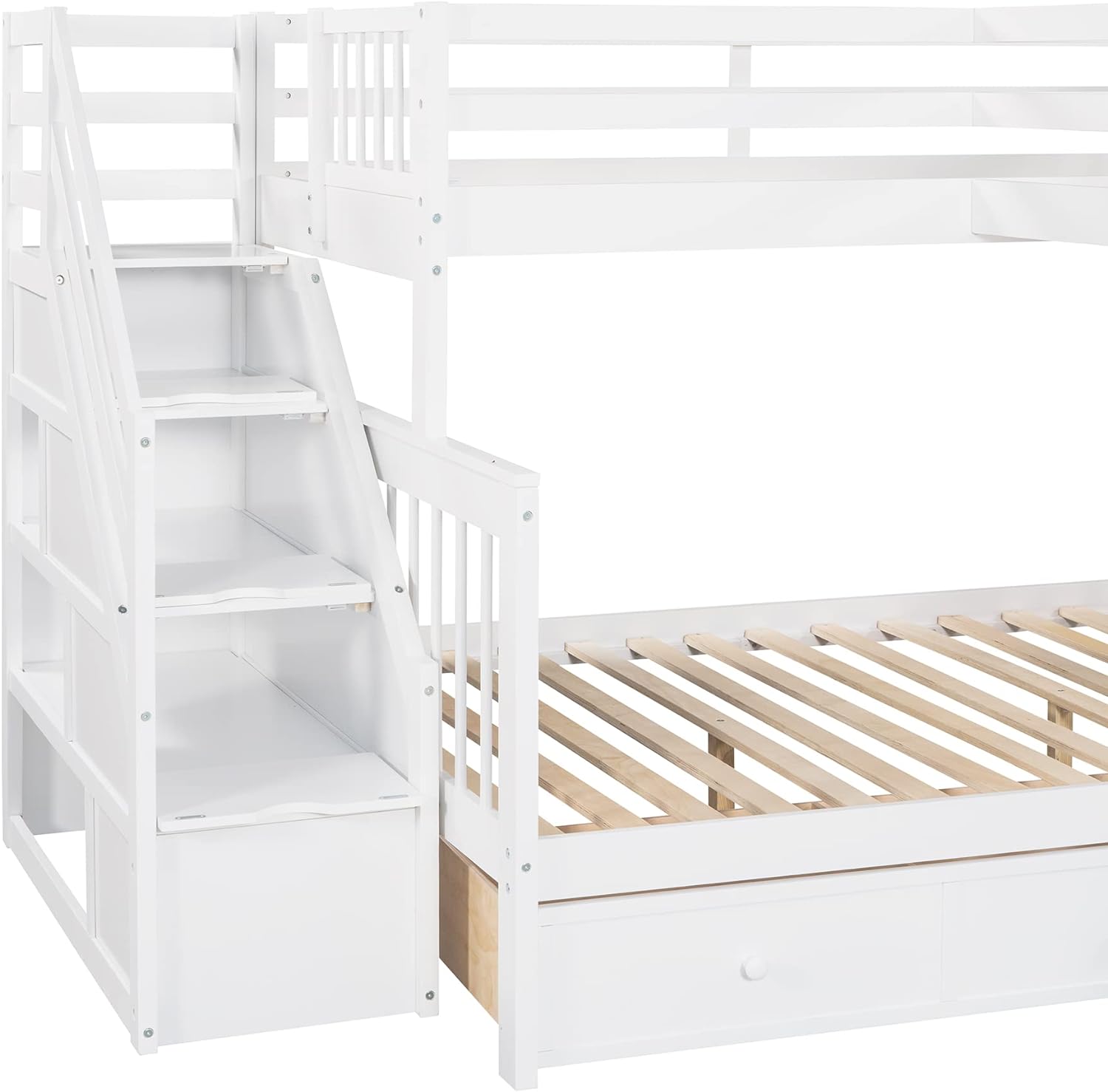 White Wooden Triple Bunk Bed With Stairs And 3 Storage Drawers D809846