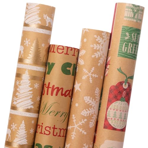 4 Rolls Vintage Brown Kraft Christmas Wrapping Paper Q768