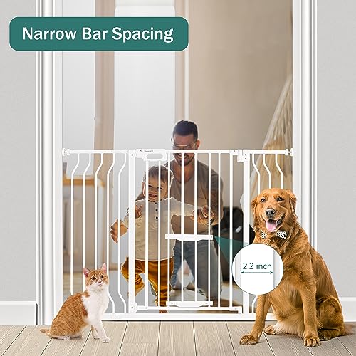 White 33" Tall Extra Wide Auto Close Walk Thru Safety Gate with Small Pet Door Q2394