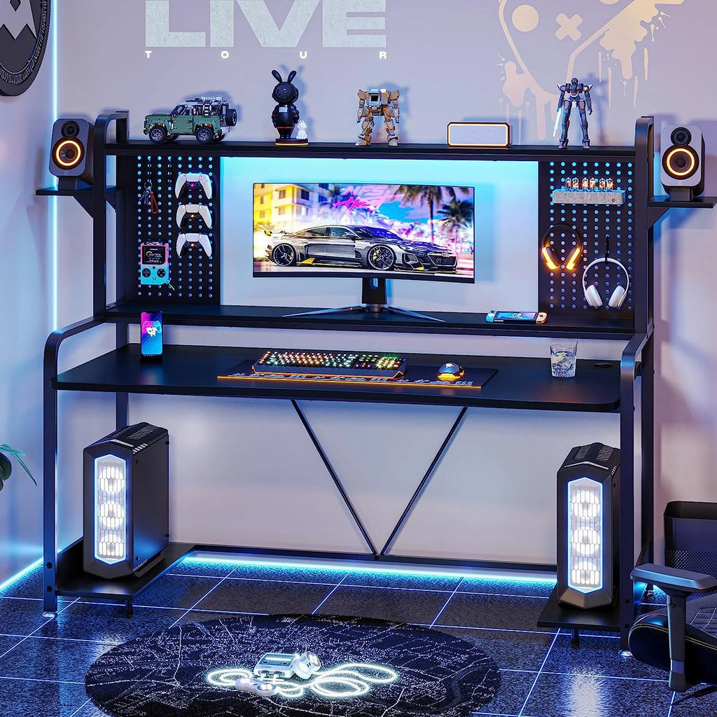 55" Gaming Desk with Hutch, Shelves, LED Lights, Pegboard and Monitor Shelf, Black K2756