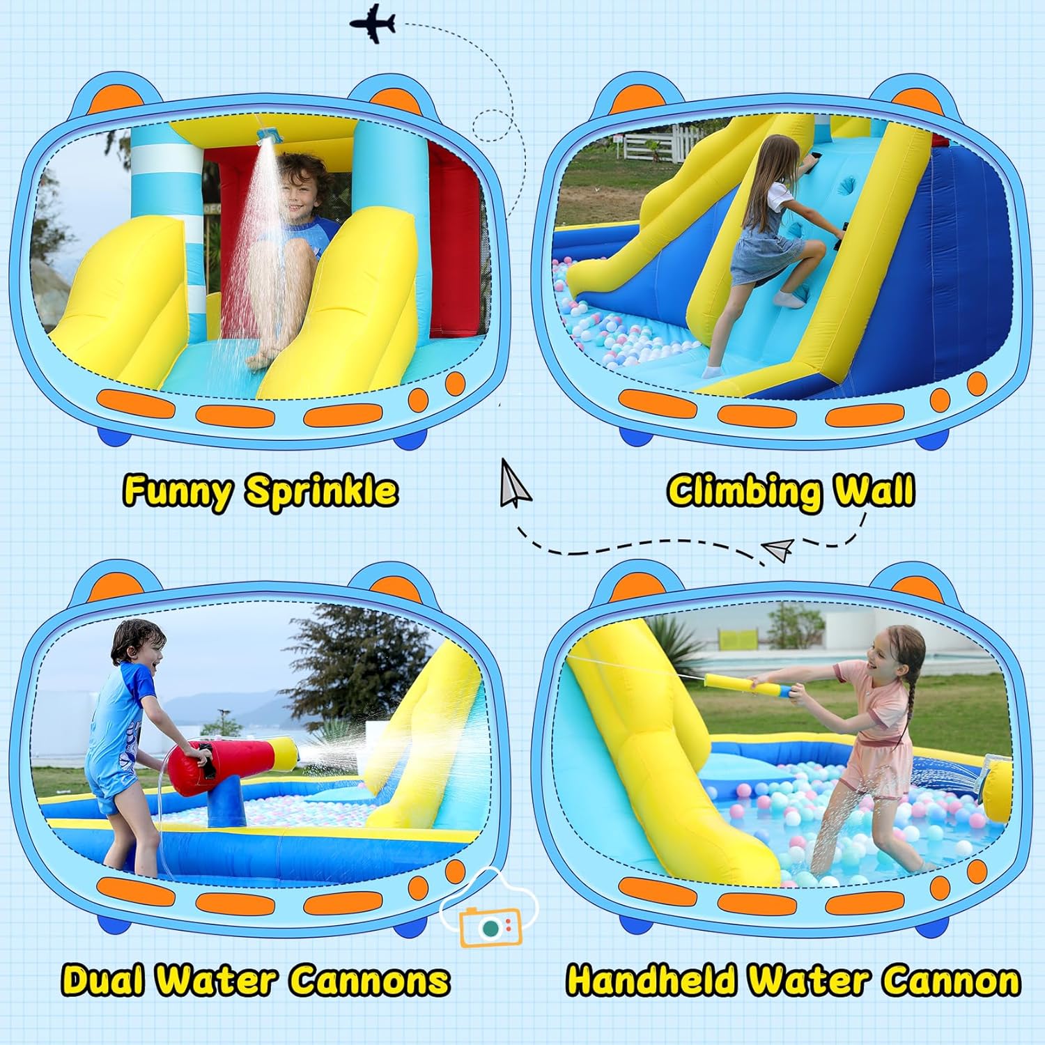 Extra Large Inflatable Water Slide Bounce House with Double-Layer Splashing Pool, 3 Slides, Climbing Wall, 2 Water Cannons, 750W Air Blower Q27744
