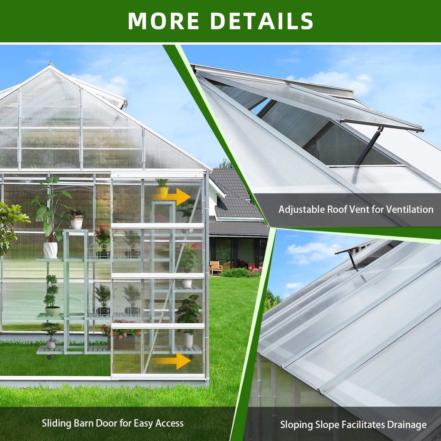 10' x 16' Walk-in Greenhouse with Aluminum Frame and Adjustable Roof Vent J4958