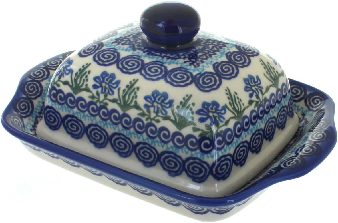 Blue Rose Polish Pottery Charleston Square Butter Dish F942