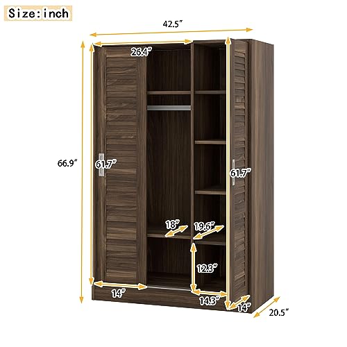 3 Door Freestanding Wardrobe Closet with Sliding Doors and Hanging Rod N5585