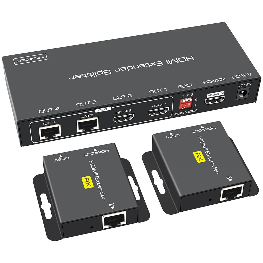 HDMI Extender Splitter 1 in 2 Out Over Cat5e/6/7 with Two Loop-Out Local Display Repeater Support 1080p EDID POC O41347