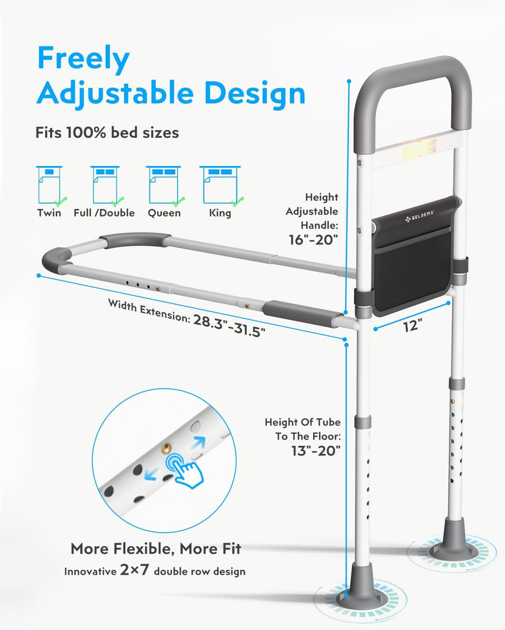 Grey Adjustable Bed Rail with Motion Sensor LED Light P4885