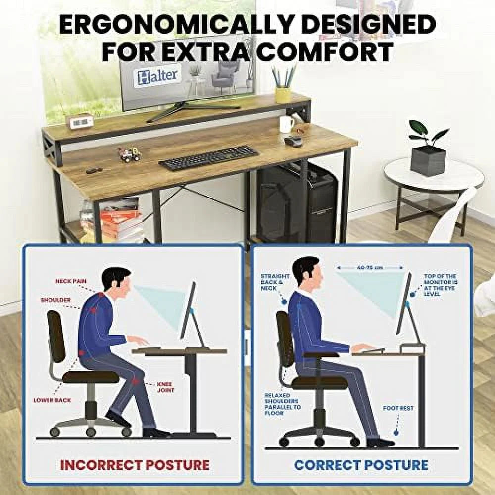 55 Inch Walnut And Black Wood Computer Desk With Monitor Shelf O347