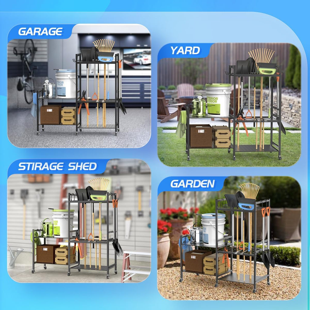 Garden Tool Storage Rack with 6 Hooks and 2-tier Metal Shelves X1755
