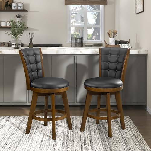 Swivel Bar Stools Set of 2, Counter Height, Chestnut Finish and Black Faux Leather Cushion Seat F48567