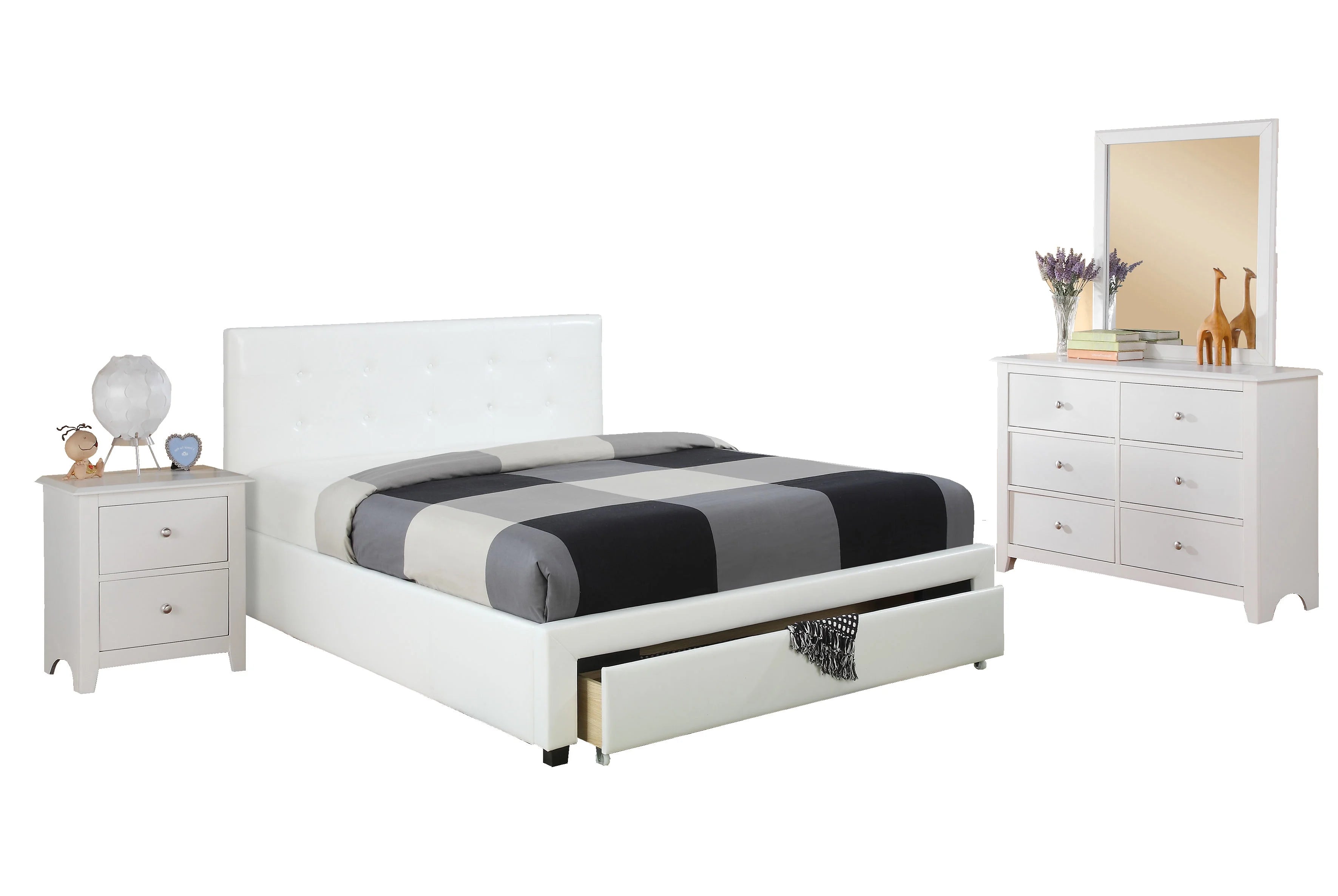 White Full Size Wooden Faux Leather Bedframe V35541