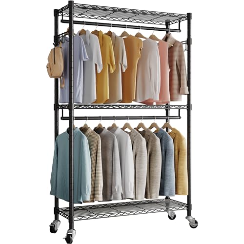 Black Heavy Duty Rolling Garment Rack with Wheels Double Hanging Rods J2733