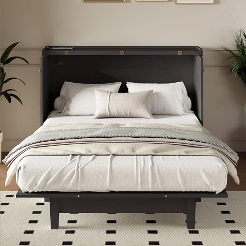 Gray Queen Size Solid Pine Murphy Bed with Charging Station Q946