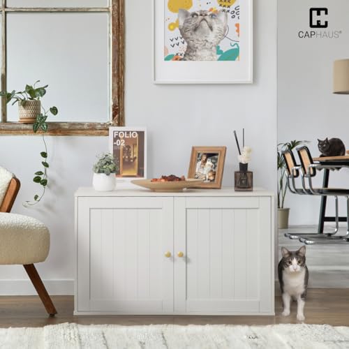 White Wooden Cat Litter Box with Double Doors K15991