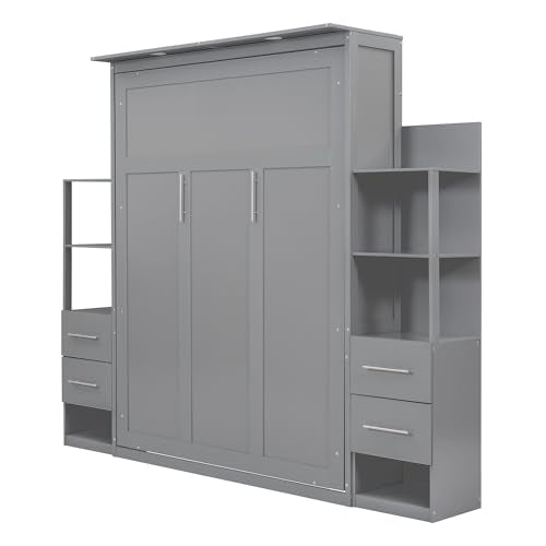 Queen Murphy Bed with Storage Drawers and Shelves (Grey) J877