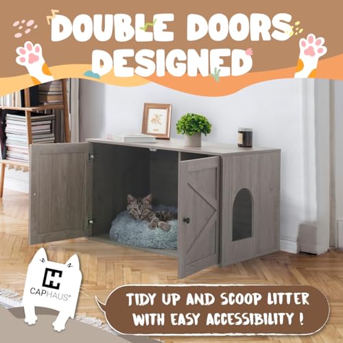 White Wooden Cat Litter Box with Double Doors K15991