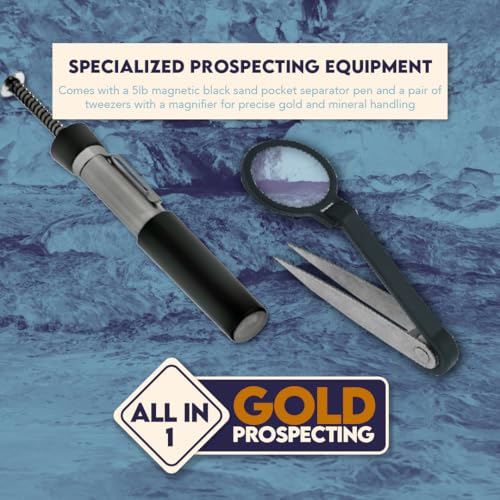 11-Piece Gold Panning Kit with Pans, Sieves, Tweezers, Glass Bottles, Sand Magnet L7372