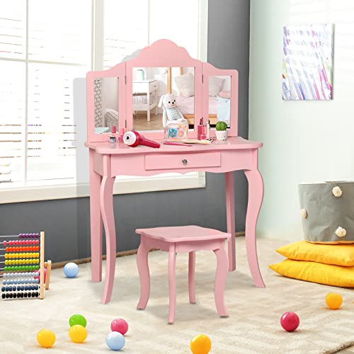 White Wooden Kids Vanity Set with Mirror and Stool Z713315
