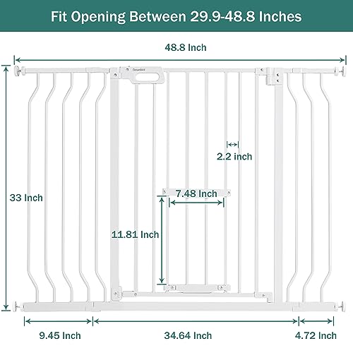 White 33" Tall Extra Wide Auto Close Walk Thru Safety Gate with Small Pet Door Q2394