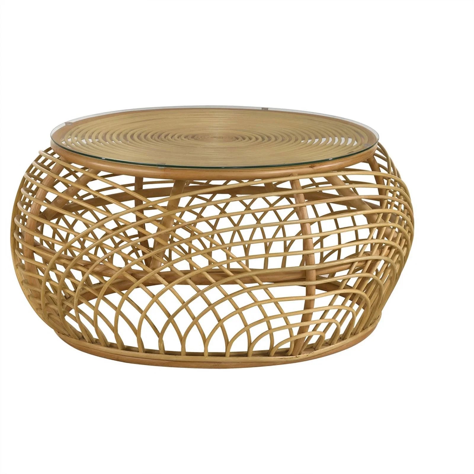 Round Glass Top Woven Rattan Coffee Table Natural Brown W757