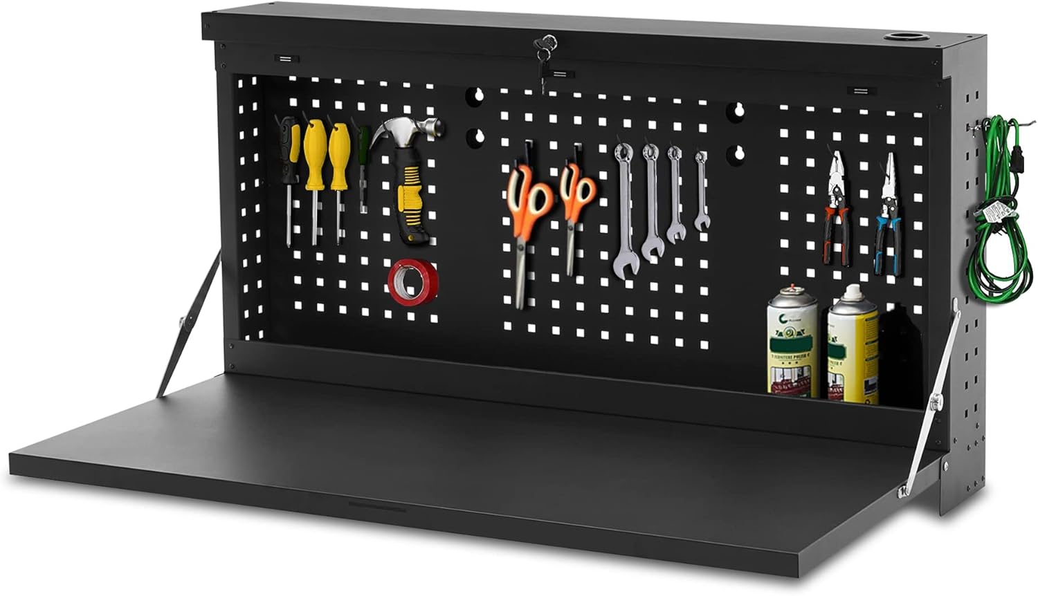 Metal Wall Mounted Folding Workbench with Pegboards (Black) K281349