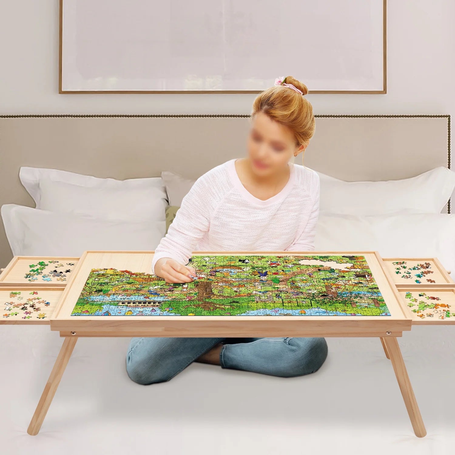 1500 Piece Wooden Jigsaw Puzzle Table with Folding Legs and 4 Drawers W735799