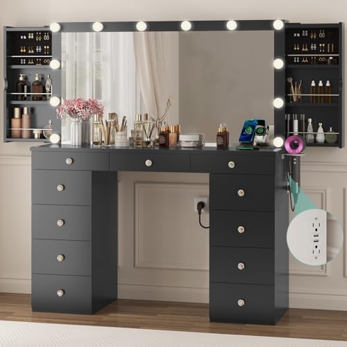 White Vanity Desk with Mirror and Lights, 11 Drawers, Charging Station D559319