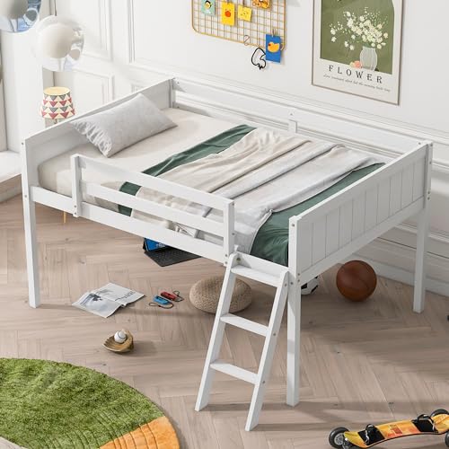 Gray Full Size Low Loft Bed with Safety Guardrail O983