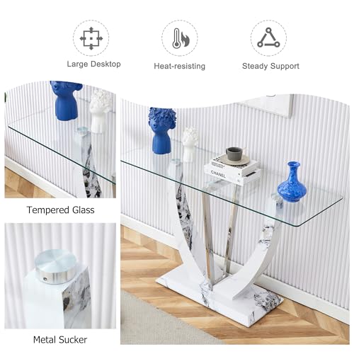 Glass Console Table, 50 inch Clear Glass Narrow Sofa Table with Wood Grain Base and Metal Frame T352690