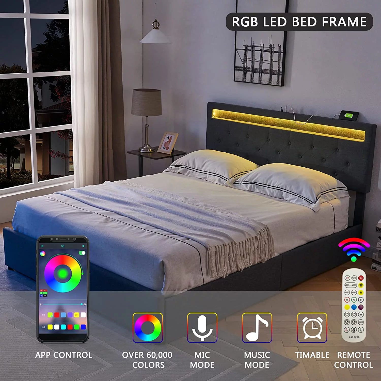 Full Size Bed Frame with 4 Drawers, LED, USB Ports, Adjustable Upholstered Headboard, Dark Grey L89088